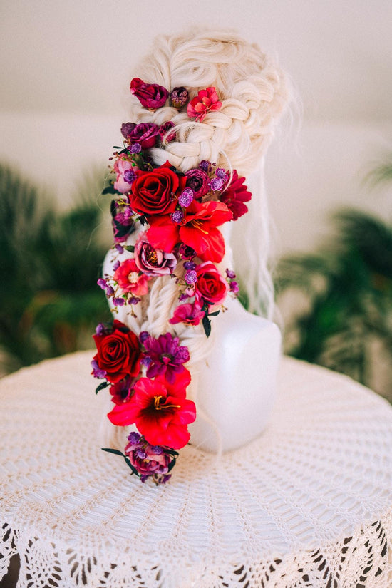 Fuchsia Flower Hairpins La Catrina Crown Accessories Headpiece Floral Boho Bridal Pink Hair Jewelry Festival Costume Halo