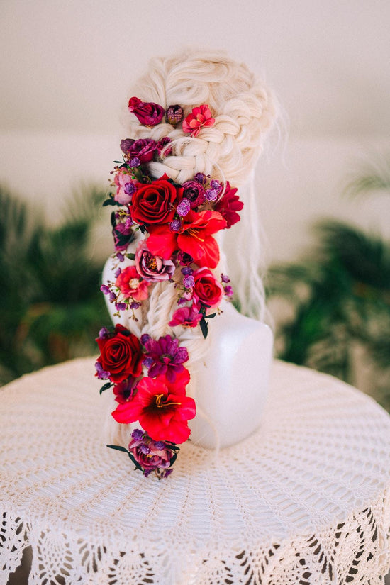 Fuchsia Flower Hairpins La Catrina Crown Accessories Headpiece Floral Boho Bridal Pink Hair Jewelry Festival Costume Halo