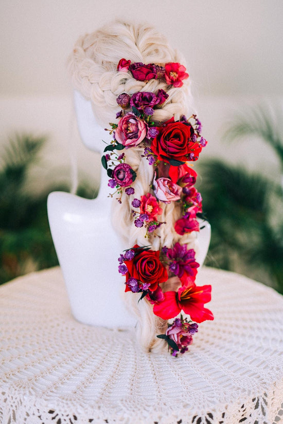 Fuchsia Flower Hairpins La Catrina Crown Accessories Headpiece Floral Boho Bridal Pink Hair Jewelry Festival Costume Halo