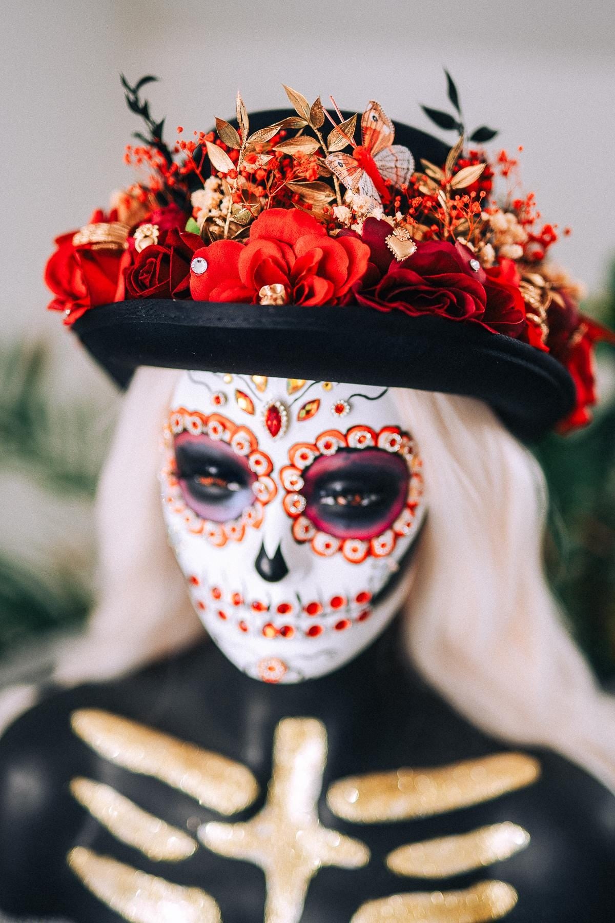La Catrina Cylinder Hat Red Roses Gold Skeleton Hands Butterflies Unisex Día De Muertos Matching Crown Accessory