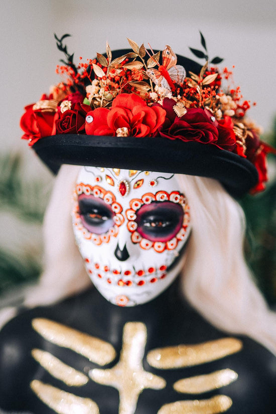 La Catrina Cylinder Hat Red Roses Gold Skeleton Hands Butterflies Unisex Día De Muertos Matching Crown Accessory