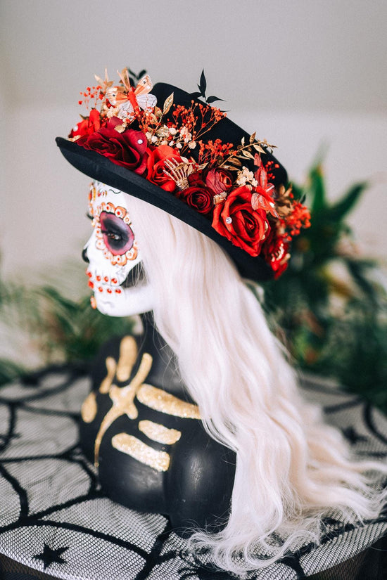 La Catrina Cylinder Hat Red Roses Gold Skeleton Hands Butterflies Unisex Día De Muertos Matching Crown Accessory