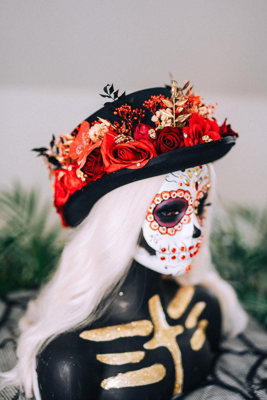 La Catrina Cylinder Hat Red Roses Gold Skeleton Hands Butterflies Unisex Día De Muertos Matching Crown Accessory