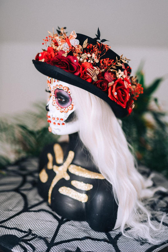La Catrina Cylinder Hat Red Roses Gold Skeleton Hands Butterflies Unisex Día De Muertos Matching Crown Accessory