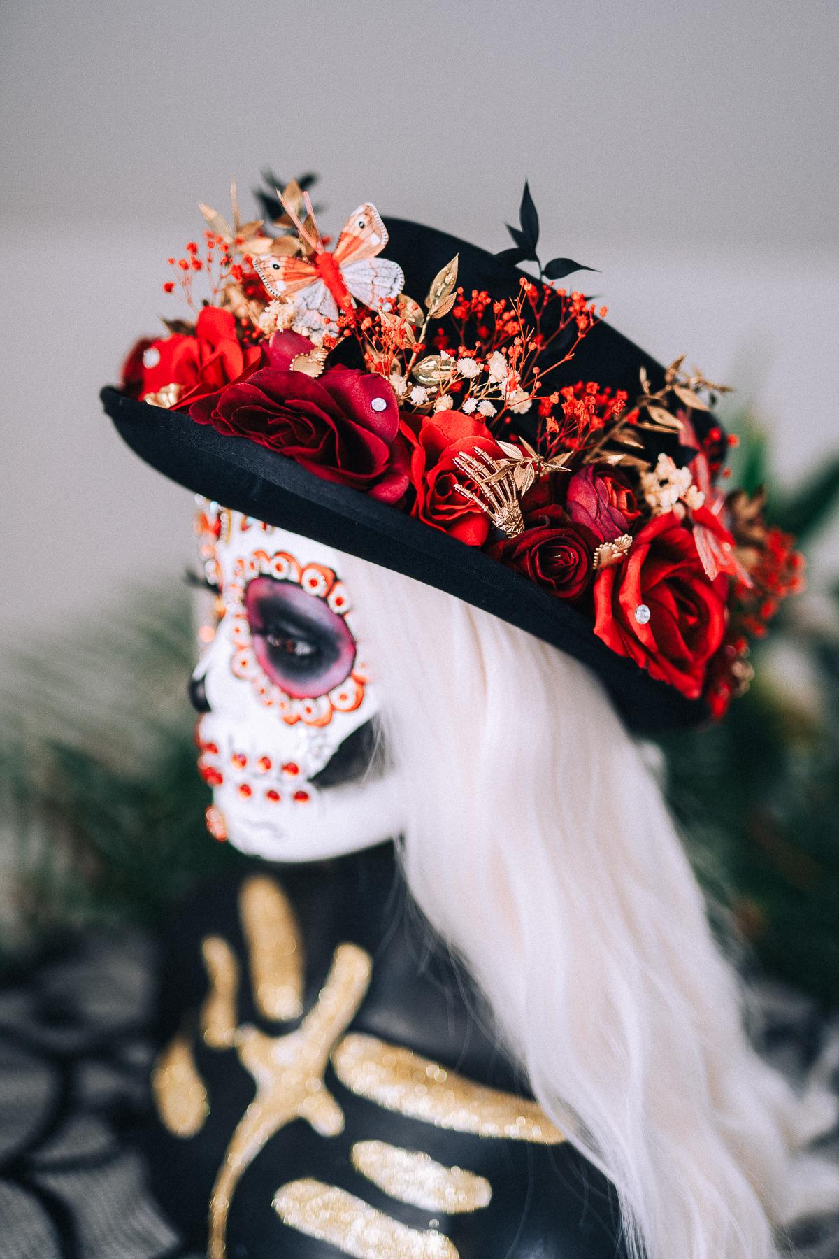 La Catrina Cylinder Hat Red Roses Gold Skeleton Hands Butterflies Unisex Día De Muertos Matching Crown Accessory