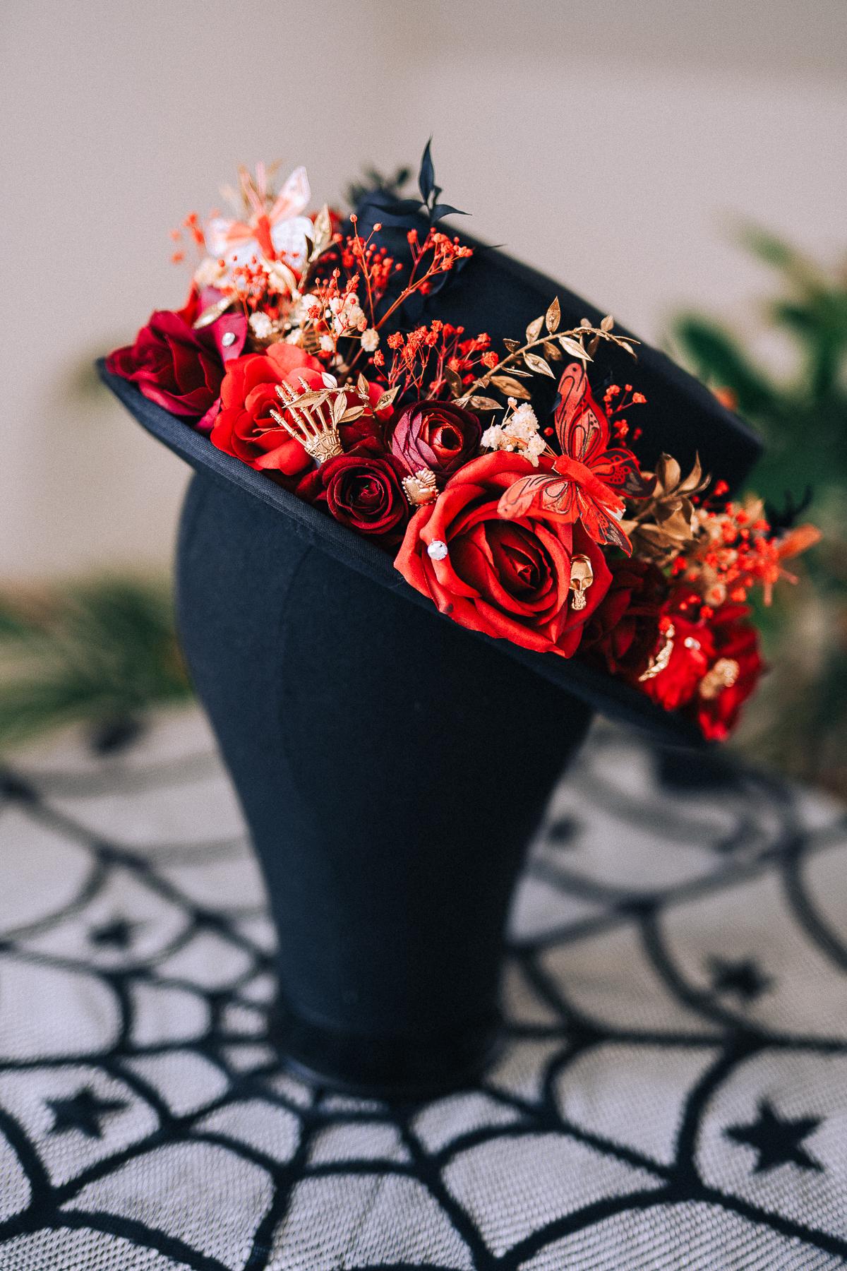 La Catrina Cylinder Hat Red Roses Gold Skeleton Hands Butterflies Unisex Día De Muertos Matching Crown Accessory