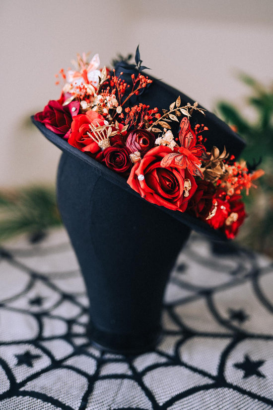 La Catrina Cylinder Hat Red Roses Gold Skeleton Hands Butterflies Unisex Día De Muertos Matching Crown Accessory
