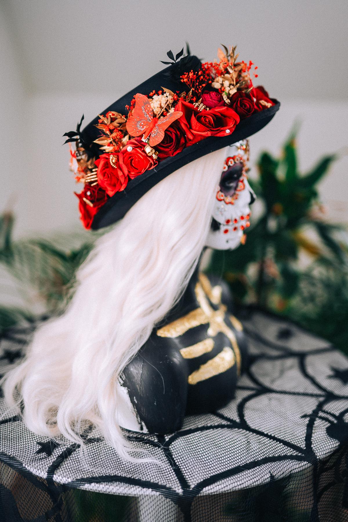 La Catrina Cylinder Hat Red Roses Gold Skeleton Hands Butterflies Unisex Día De Muertos Matching Crown Accessory
