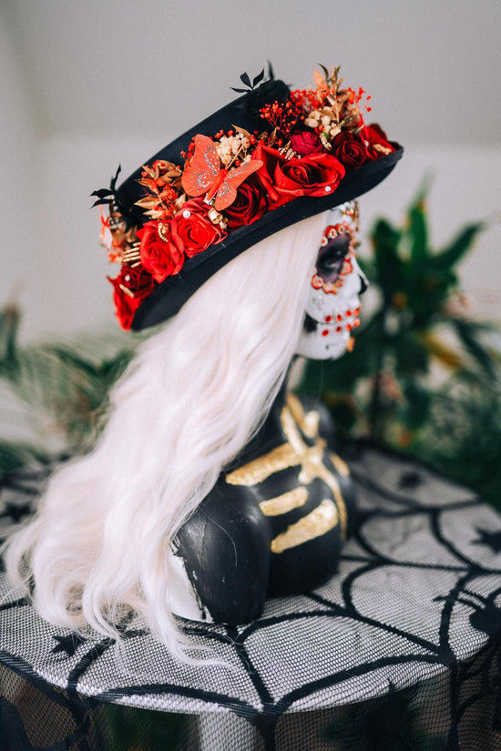 La Catrina Cylinder Hat Red Roses Gold Skeleton Hands Butterflies Unisex Día De Muertos Matching Crown Accessory