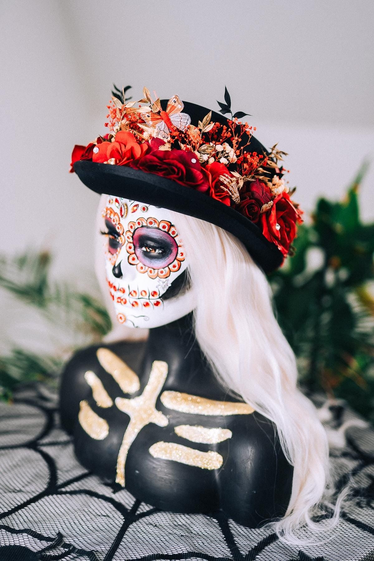 La Catrina Cylinder Hat Red Roses Gold Skeleton Hands Butterflies Unisex Día De Muertos Matching Crown Accessory