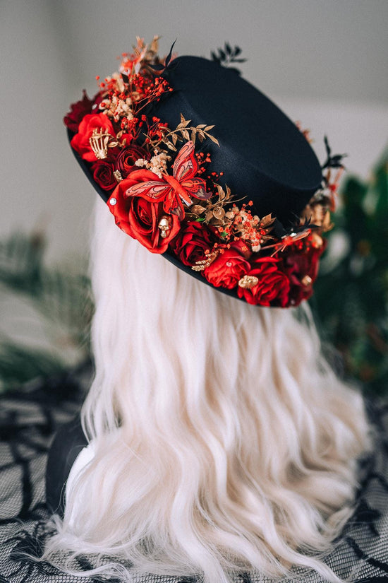 La Catrina Cylinder Hat Red Roses Gold Skeleton Hands Butterflies Unisex Día De Muertos Matching Crown Accessory
