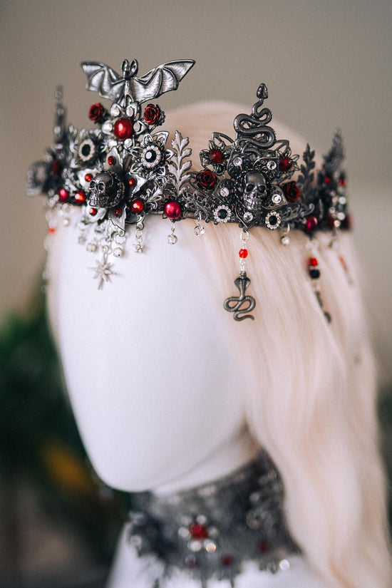 Vampire Queen Crown Gothic Bat Skull Red Roses Filigree Black Silver Halloween Tiara Dark Royal Headpiece Festival Costume