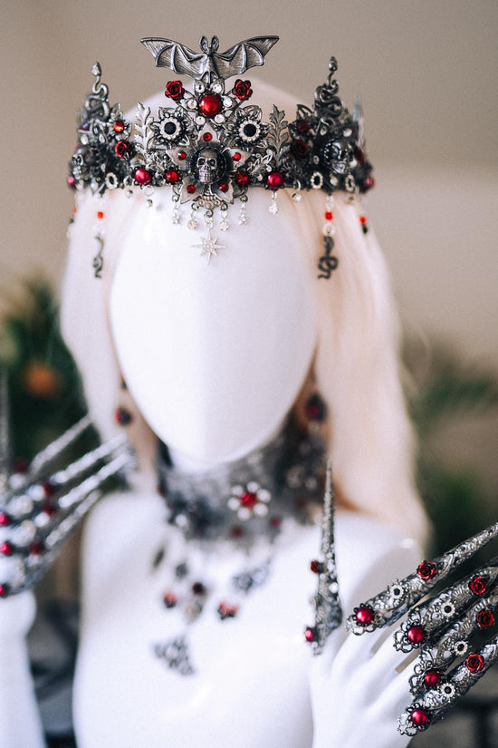 Vampire Queen Choker Gothic Lace Skull Bat Red Crystals Black Silver Necklace Halloween Dark Royal Jewelry