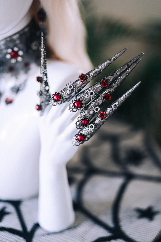 Vampire Queen Finger Claws Gothic Filigree Red Crystals Black Silver Halloween Hand Jewelry Dark Royal Accessories