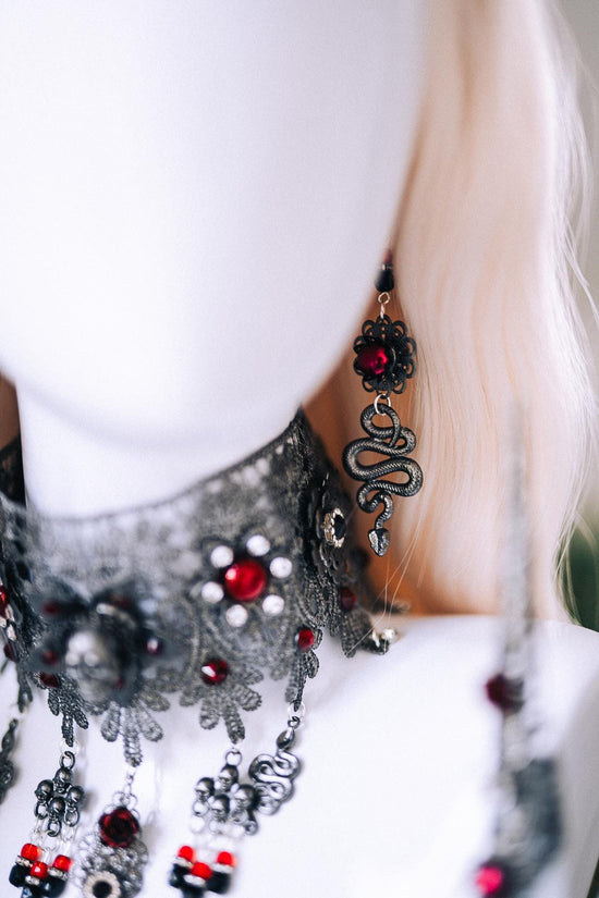 Vampire Queen Earrings Gothic Red Crystals Black Filigree Silver Halloween Jewelry Dark Royal Vampire Set Accessory