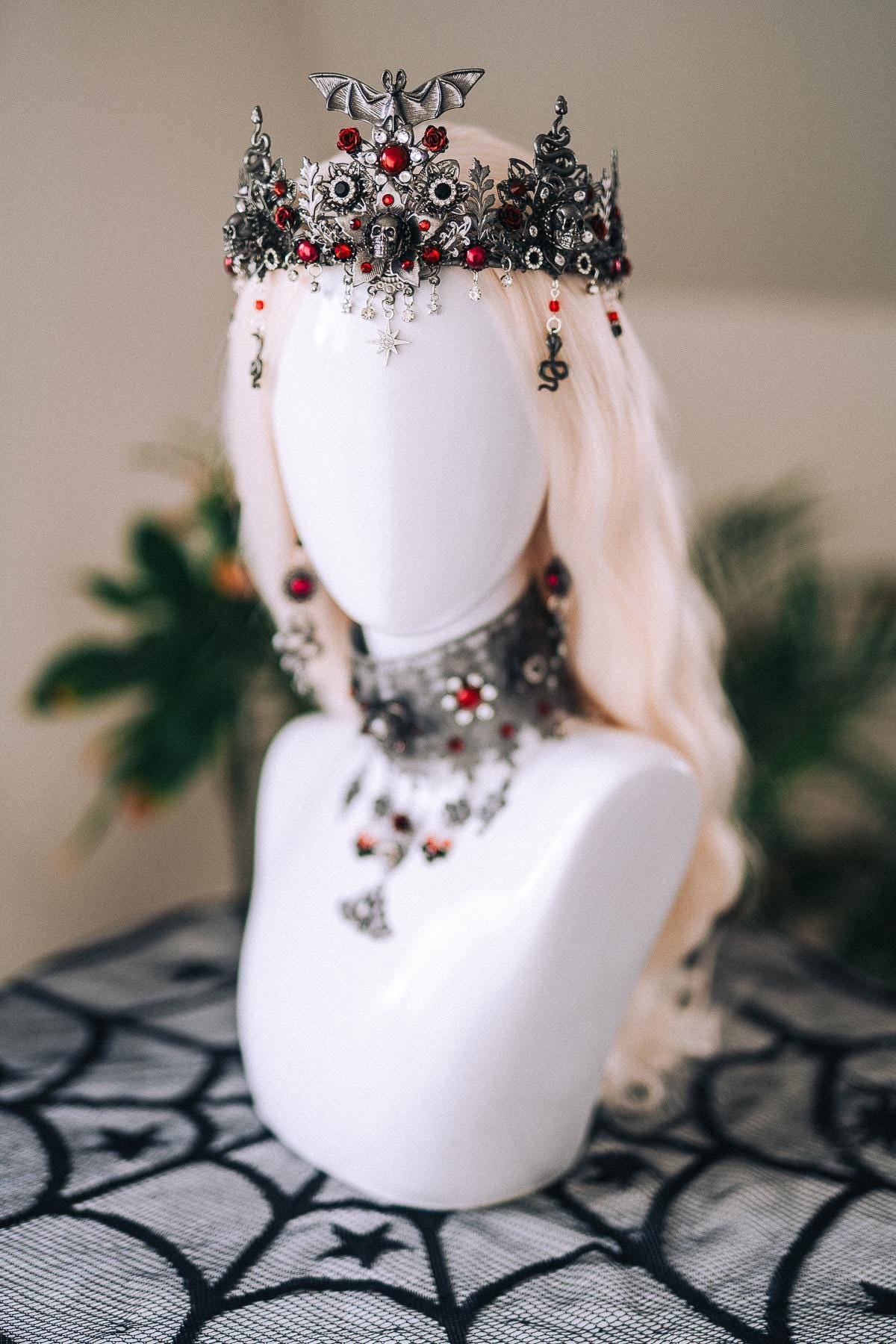 Vampire Queen Earrings Gothic Red Crystals Black Filigree Silver Halloween Jewelry Dark Royal Vampire Set Accessory