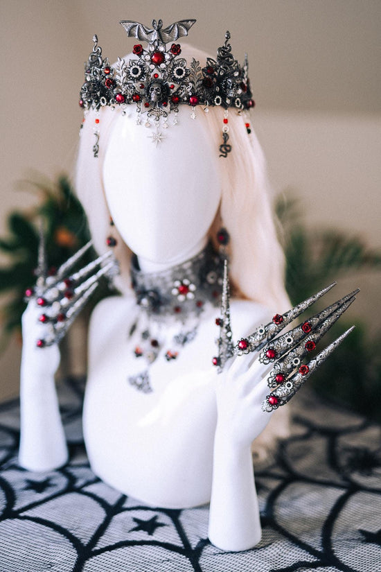 Vampire Queen Earrings Gothic Red Crystals Black Filigree Silver Halloween Jewelry Dark Royal Vampire Set Accessory