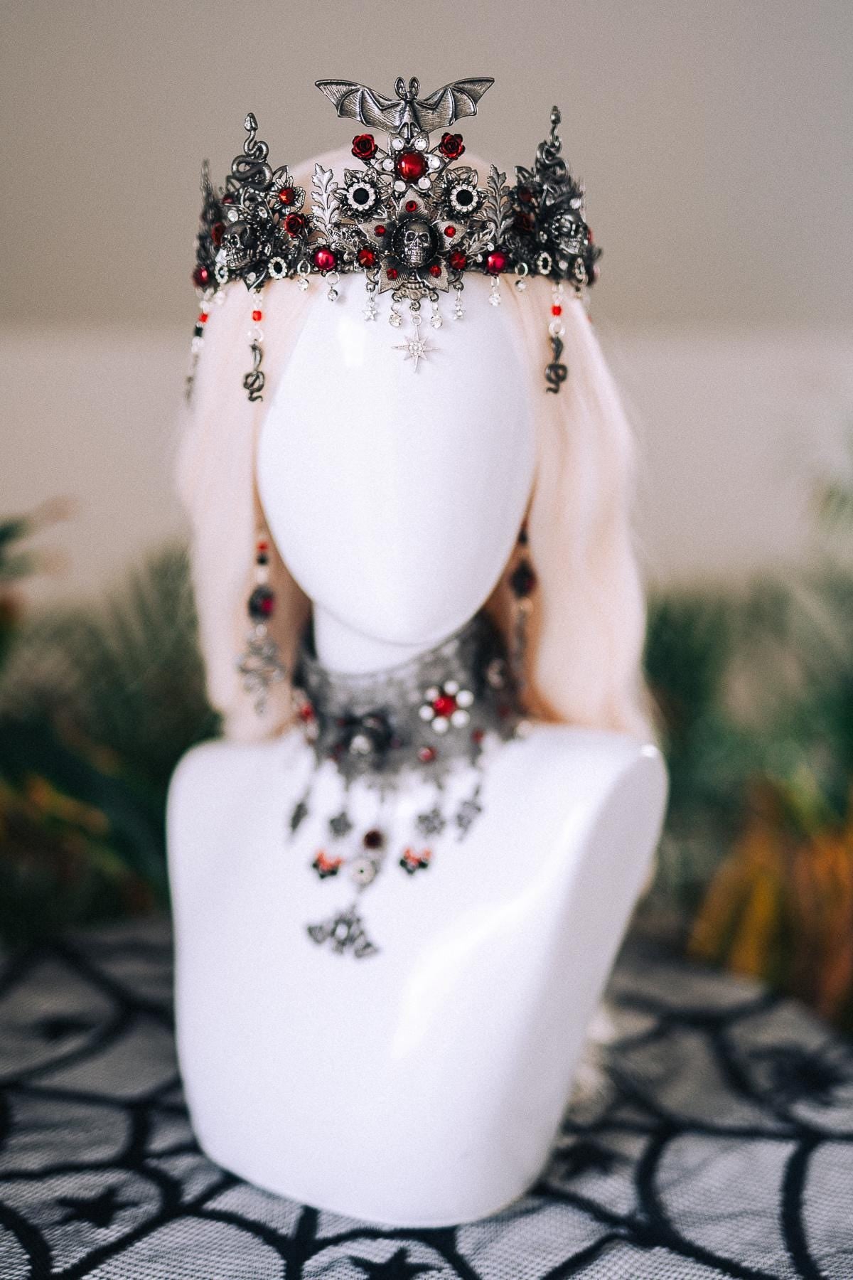 Vampire Queen Earrings Gothic Red Crystals Black Filigree Silver Halloween Jewelry Dark Royal Vampire Set Accessory