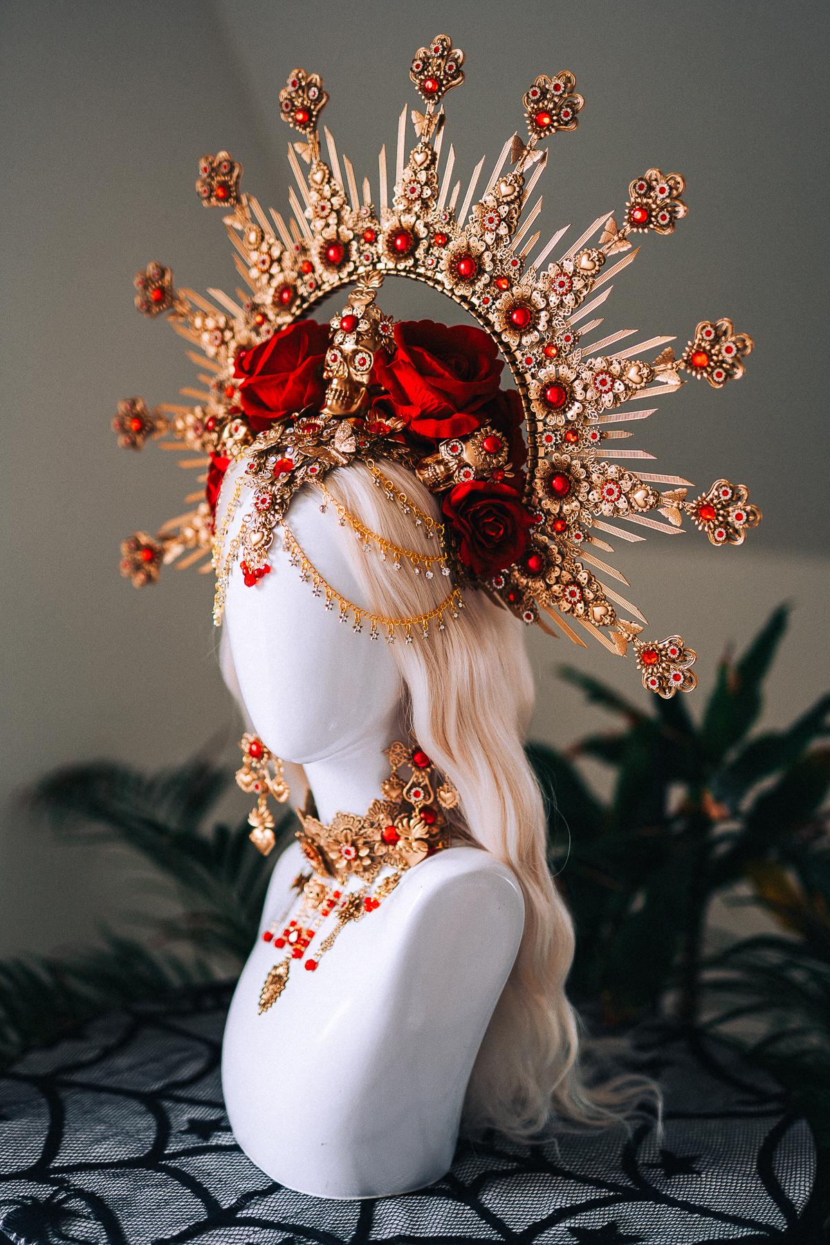 La Catrina Red Gold Halo Crown Skull Roses Sacred Heart Headdress Mexican Goddess Costume Headpiece