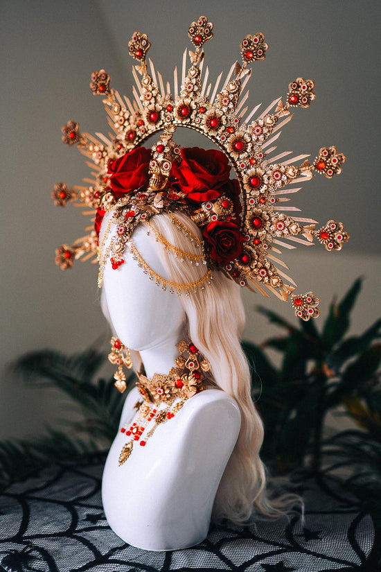 La Catrina Red Gold Halo Crown Skull Roses Sacred Heart Headdress Mexican Goddess Costume Headpiece