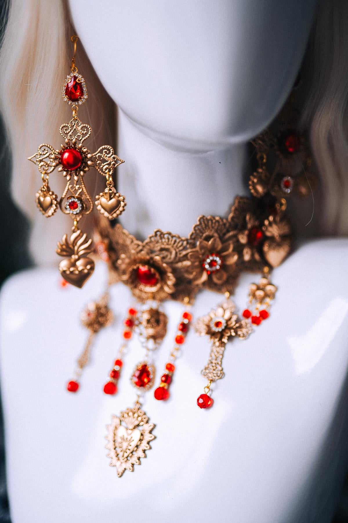 La Catrina Red Gold Halo Crown Skull Roses Sacred Heart Headdress Mexican Goddess Costume Headpiece