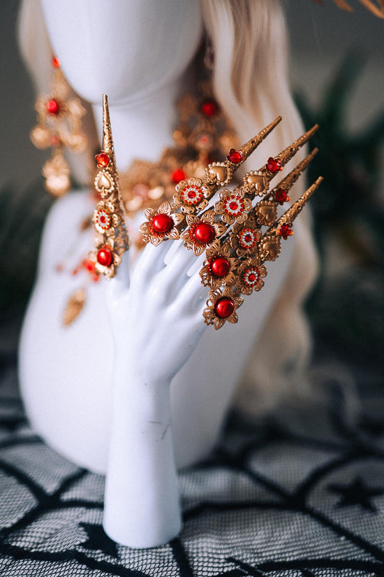 La Catrina Red Gold Halo Crown Skull Roses Sacred Heart Headdress Mexican Goddess Costume Headpiece