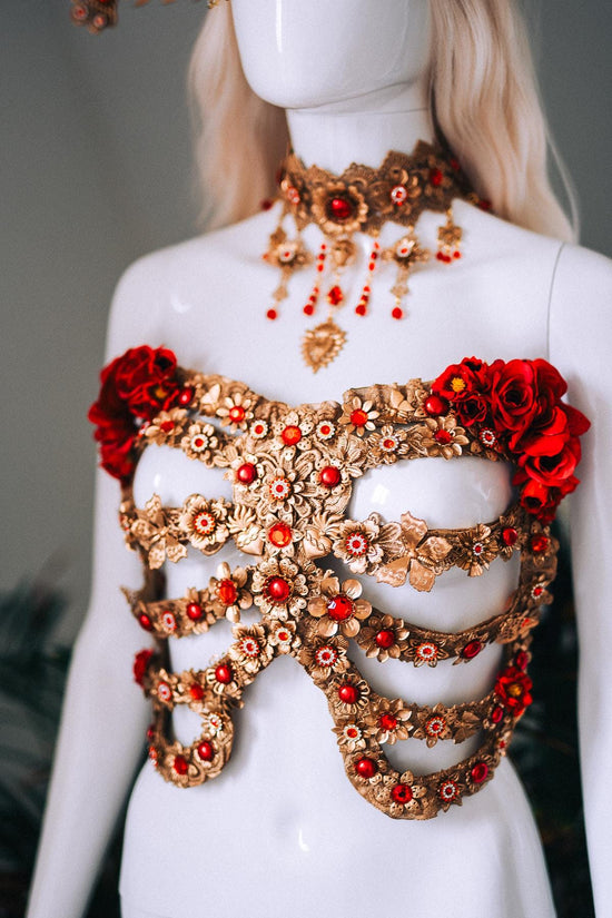 La Catrina Red Gold Halo Crown Skull Roses Sacred Heart Headdress Mexican Goddess Costume Headpiece