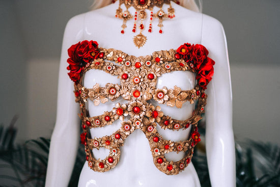 La Catrina Red Gold Halo Crown Skull Roses Sacred Heart Headdress Mexican Goddess Costume Headpiece