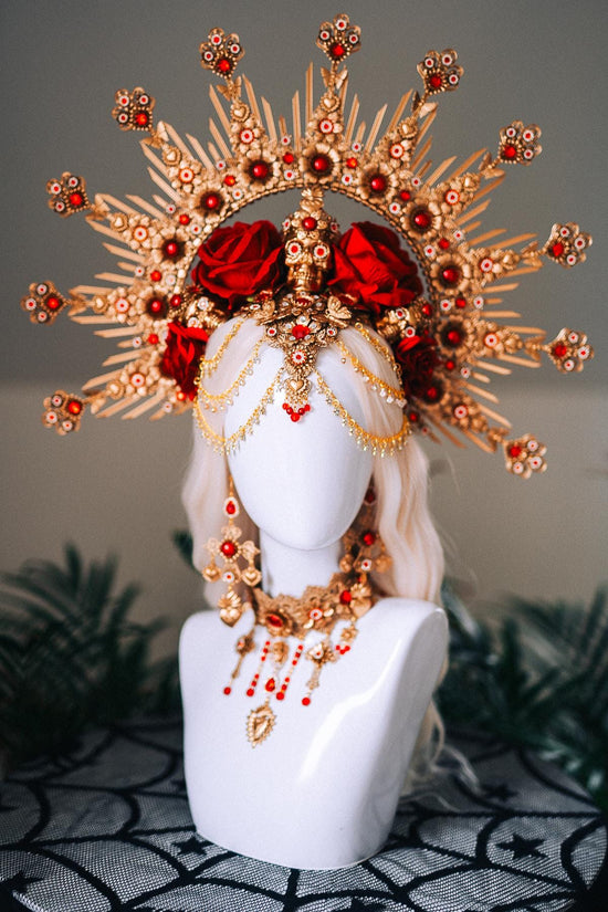 La Catrina Red Gold Halo Crown Skull Roses Sacred Heart Headdress Mexican Goddess Costume Headpiece