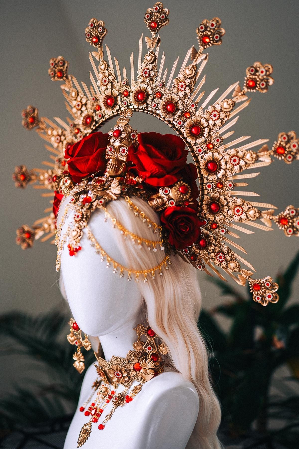 La Catrina Red Gold Choker Sacred Heart Necklace Gothic Cross Jewelry Mexican Goddess Accessory