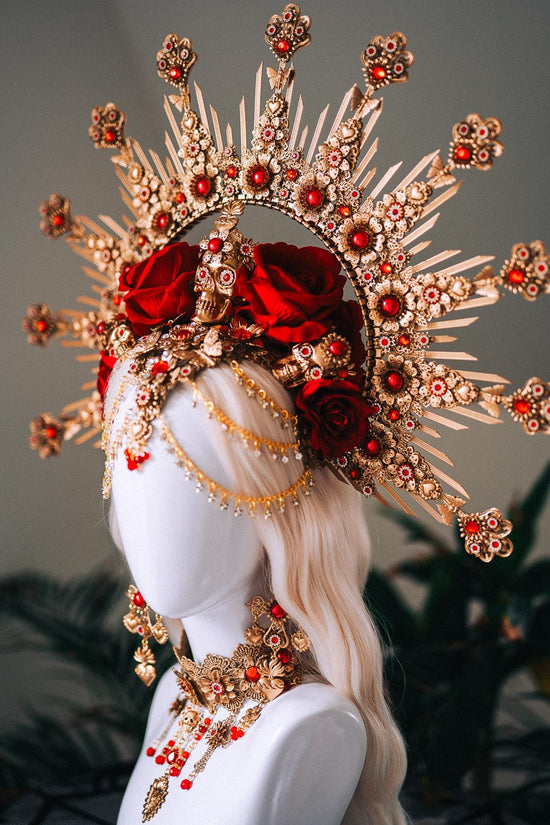 La Catrina Red Gold Choker Sacred Heart Necklace Gothic Cross Jewelry Mexican Goddess Accessory