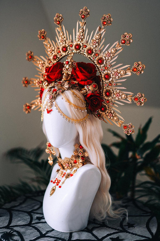 La Catrina Red Gold Choker Sacred Heart Necklace Gothic Cross Jewelry Mexican Goddess Accessory