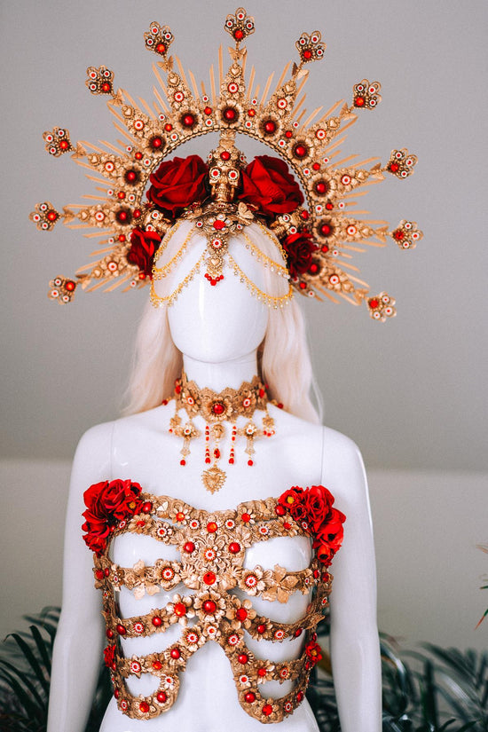 La Catrina Red Gold Choker Sacred Heart Necklace Gothic Cross Jewelry Mexican Goddess Accessory