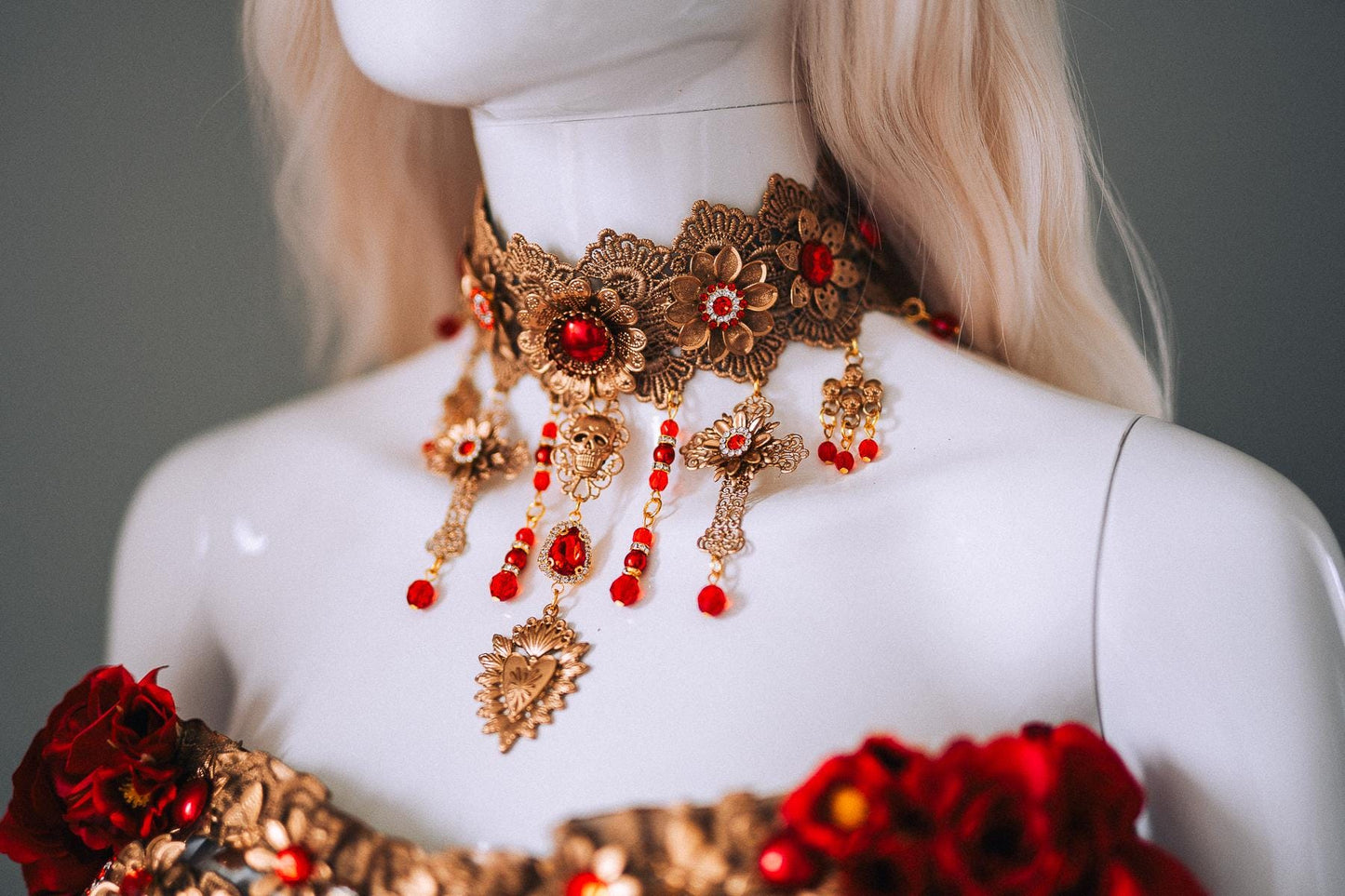 La Catrina Red Gold Choker Sacred Heart Necklace Gothic Cross Jewelry Mexican Goddess Accessory