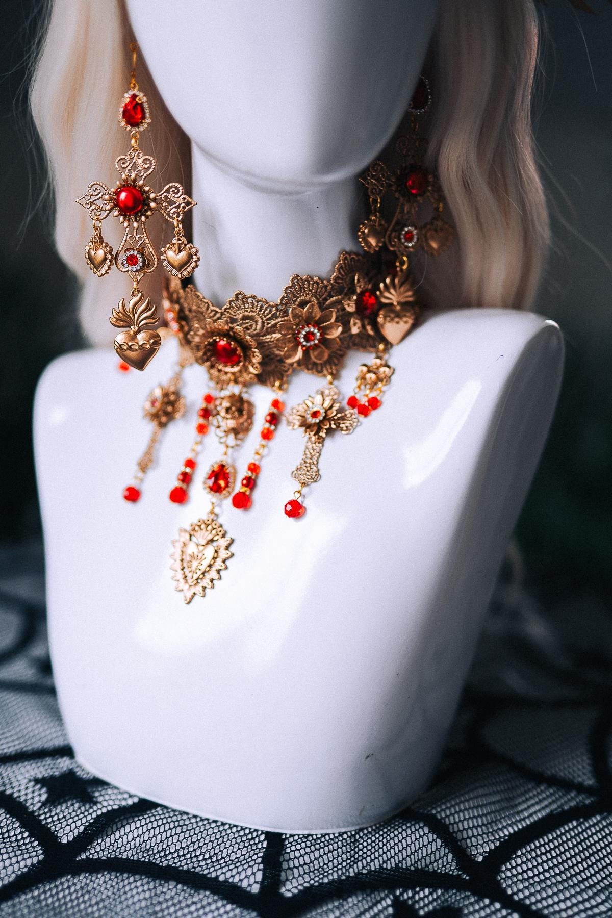 La Catrina Red Gold Earrings Sacred Heart Cross Gothic Jewelry Mexican Goddess Statement Accessory