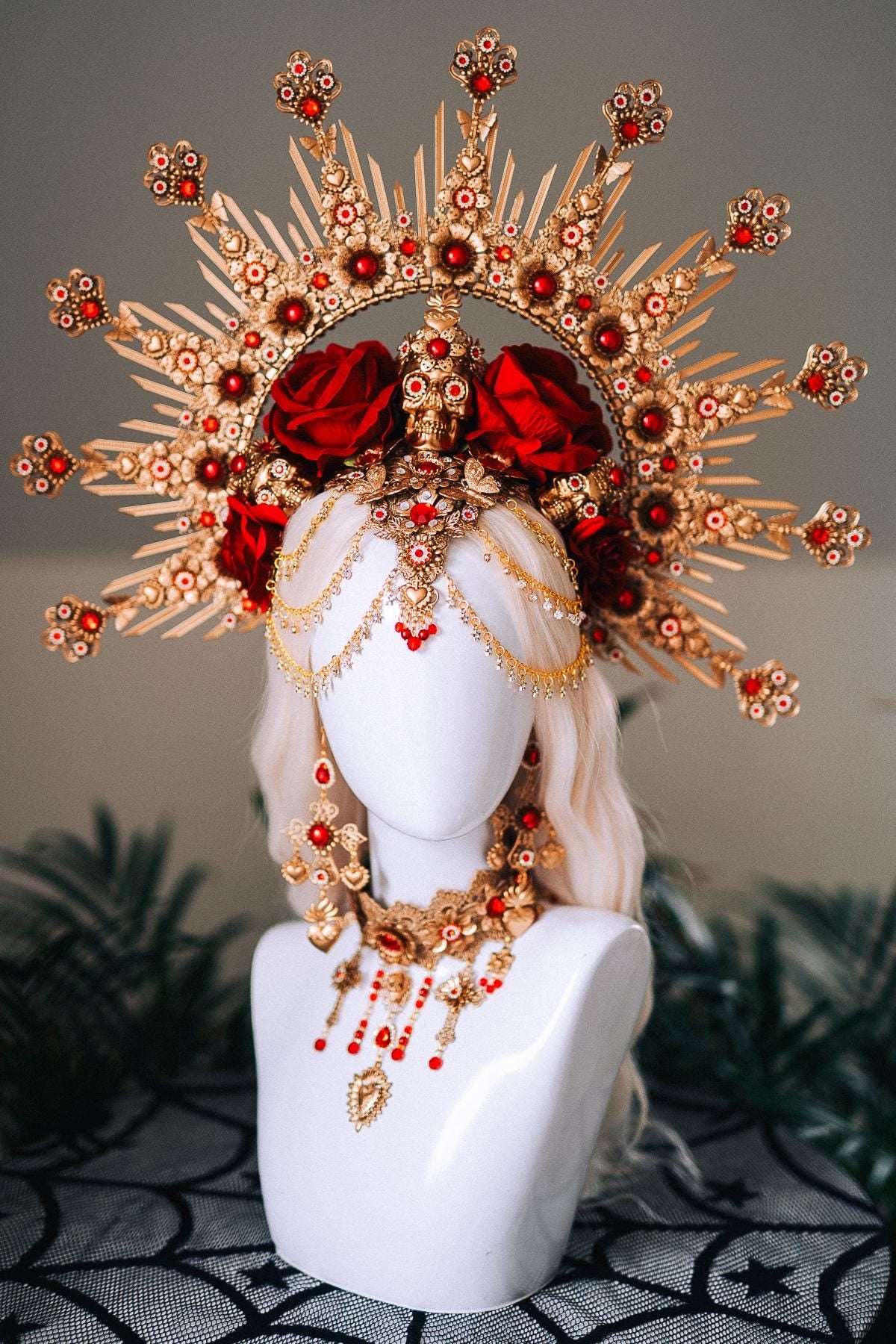 La Catrina Red Gold Earrings Sacred Heart Cross Gothic Jewelry Mexican Goddess Statement Accessory