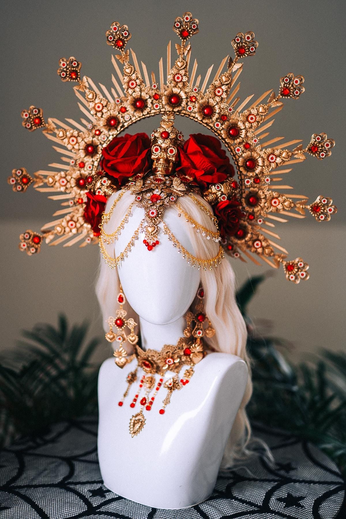 La Catrina Red Gold Earrings Sacred Heart Cross Gothic Jewelry Mexican Goddess Statement Accessory