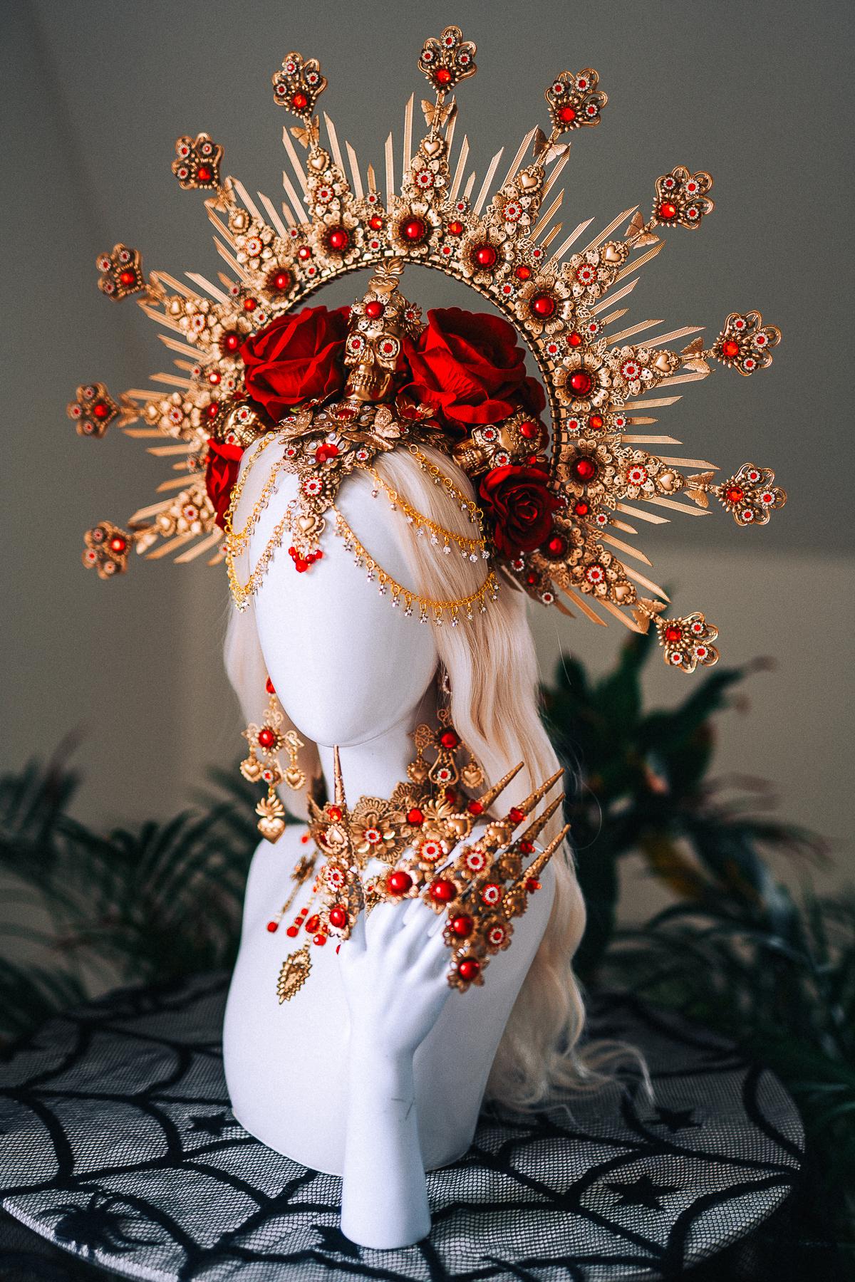 La Catrina Red Gold Earrings Sacred Heart Cross Gothic Jewelry Mexican Goddess Statement Accessory