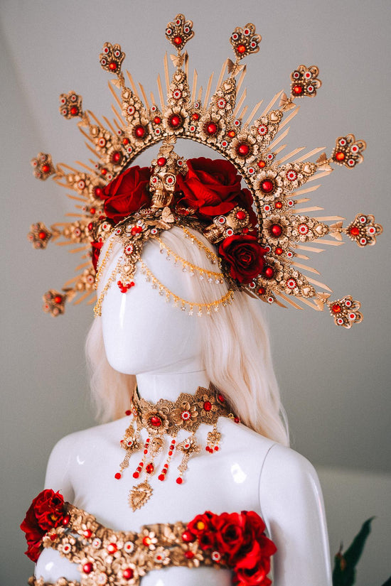 La Catrina Red Gold Ribs Sacred Heart Body Armor Gothic Costume Mexican Goddess Sculpture Piece