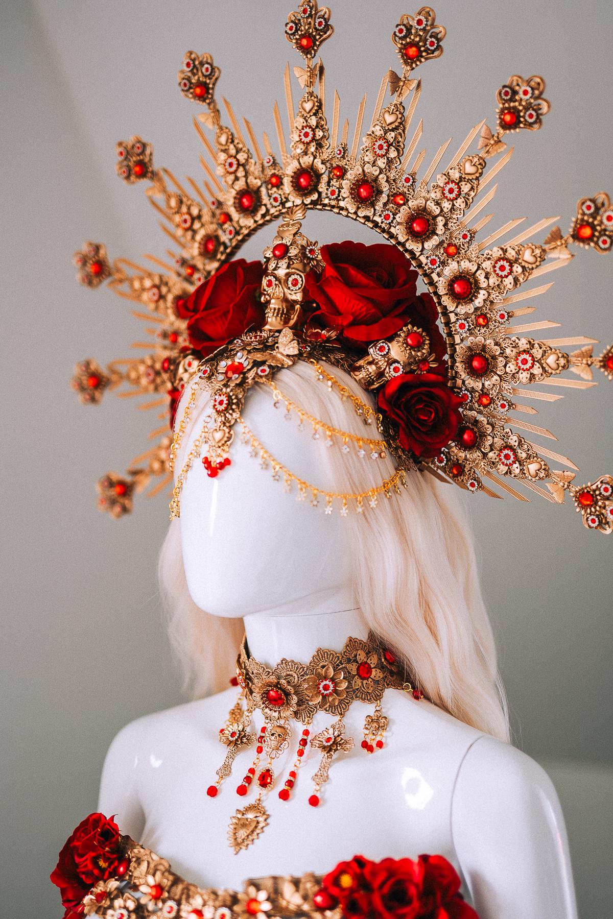 La Catrina Red Gold Ribs Sacred Heart Body Armor Gothic Costume Mexican Goddess Sculpture Piece