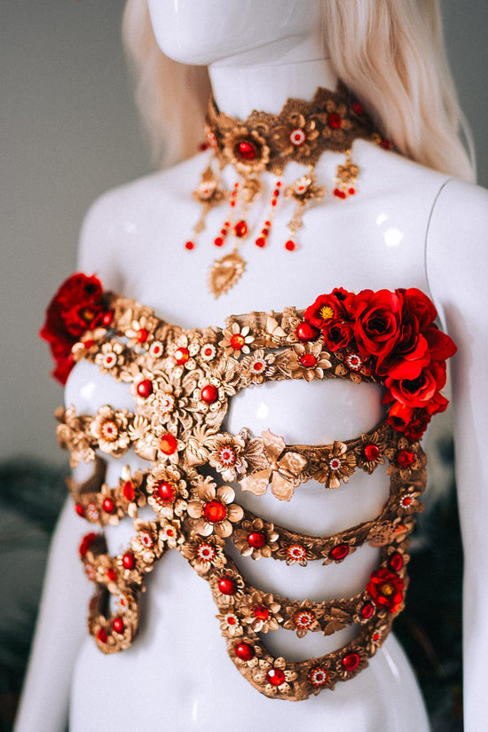 La Catrina Red Gold Ribs Sacred Heart Body Armor Gothic Costume Mexican Goddess Sculpture Piece