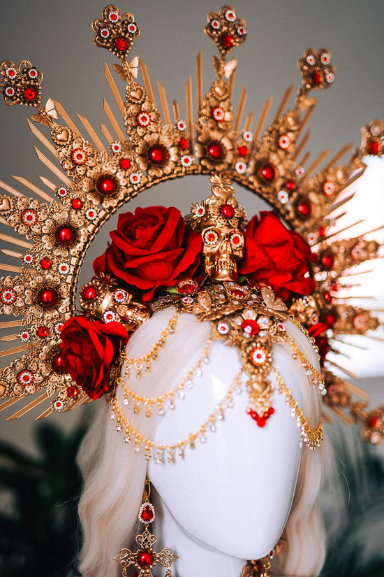 La Catrina Red Gold Ribs Sacred Heart Body Armor Gothic Costume Mexican Goddess Sculpture Piece