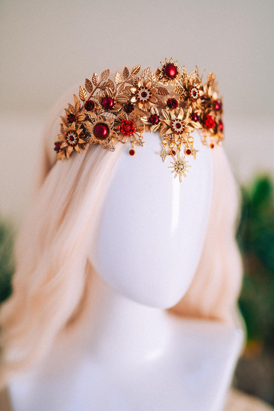 Gold Tiara,Bridal Headpiece,Burgundy Crown,Wedding Tiara,Gemstone Headband,Baroque Hairpiece,Red Flower Tiara,Gala Queen Look