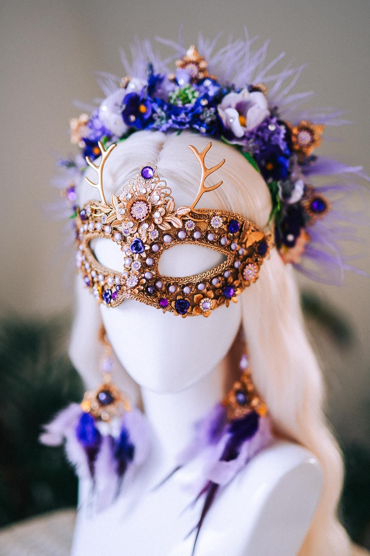 Lavender Purple Masquerade Mask Mens Floral Gold Carnival Costume Mask