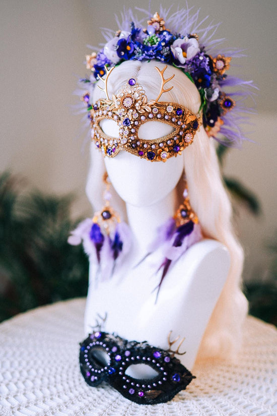 Lavender Purple Masquerade Mask Mens Floral Gold Carnival Costume Mask