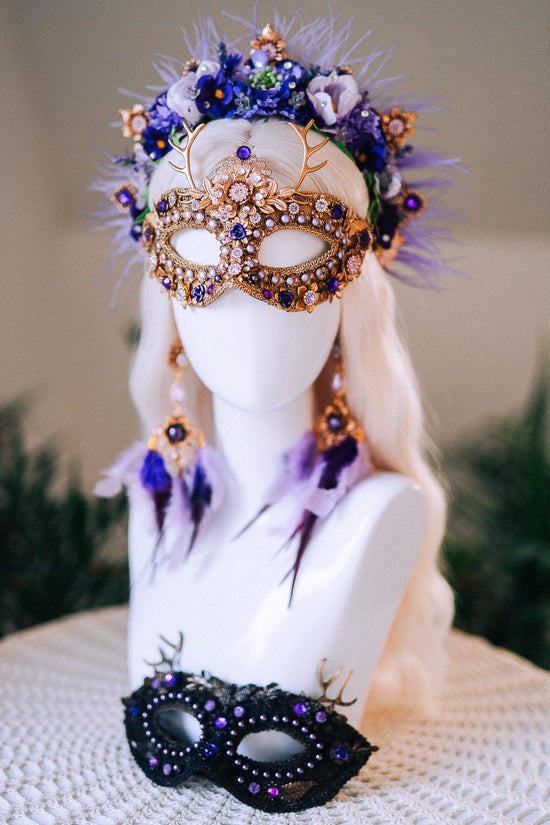 Lavender Goddess Halo Crown Purple Gold Floral Feather Headpiece