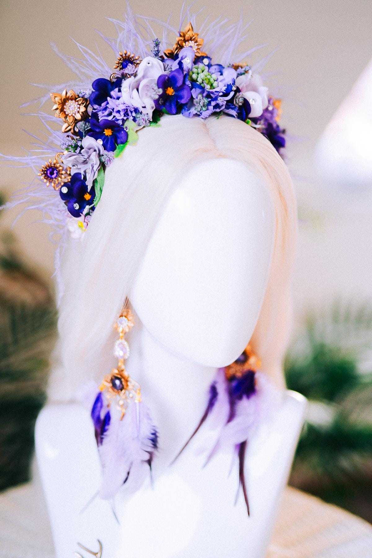 Lavender Goddess Halo Crown Purple Gold Floral Feather Headpiece