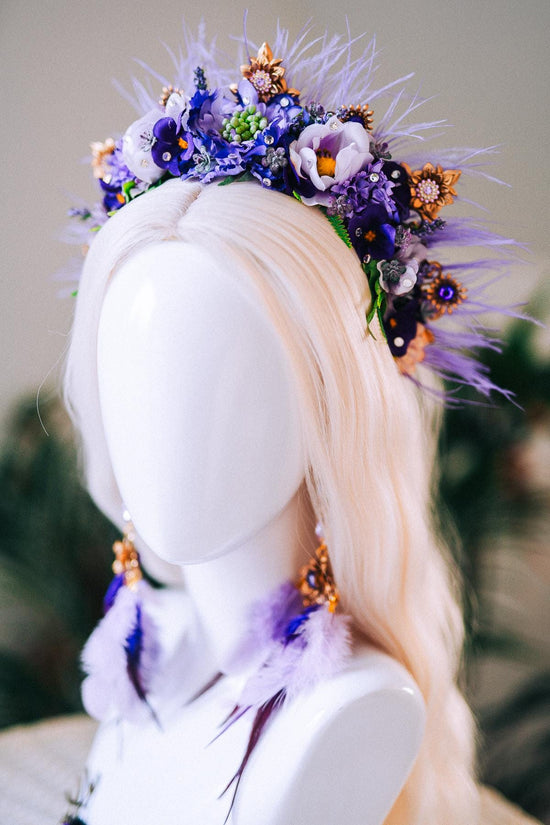 Lavender Goddess Halo Crown Purple Gold Floral Feather Headpiece