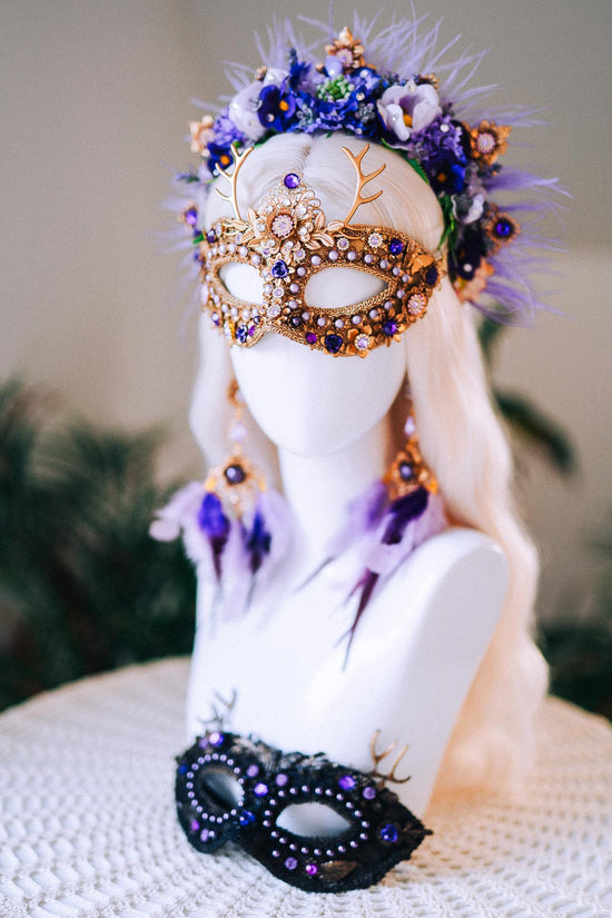 Lavender Goddess Feather Earrings Purple Gold Floral Statement Costume Jewelry