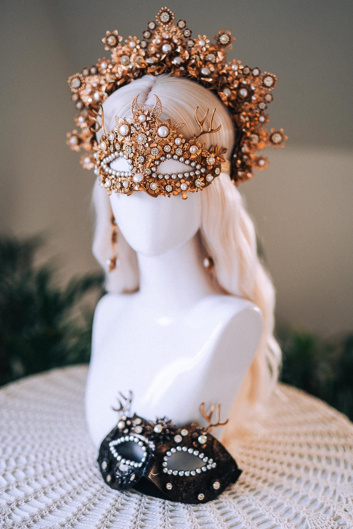 Golden Masquerade Halo Crown Floral Deer Antler Headpiece